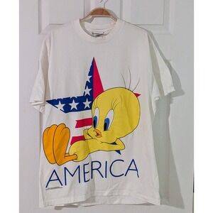 Looney Tunes Tweety Bird America Graphic‎ T-Shirt 1996 Warner Bros Large Vtg.